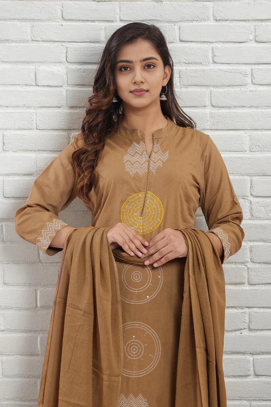 Brown Embroidered Kurta Set with Dupatta