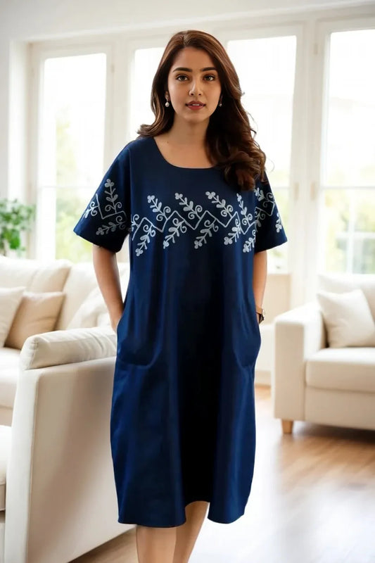 Blue Embroidered Cotton Midi Dress