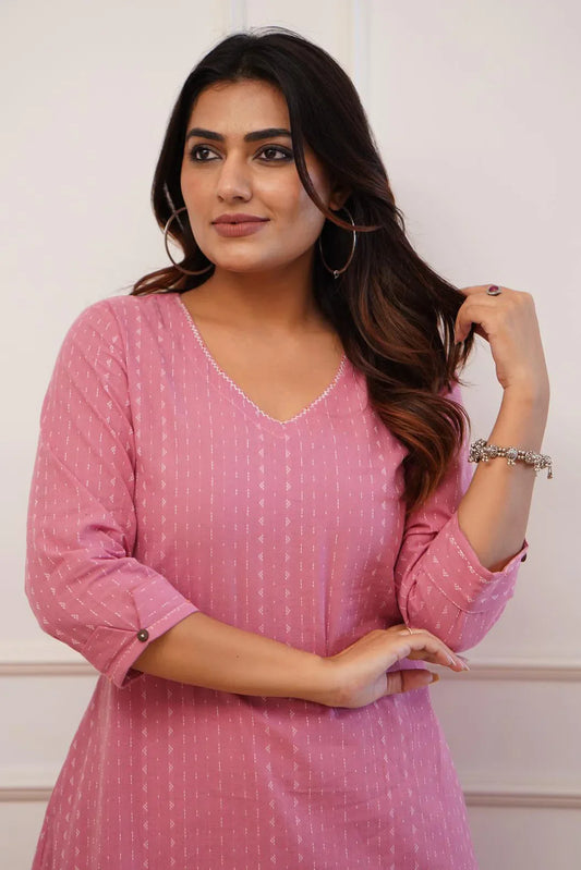 Pink Cotton Katha Work Kurta Set