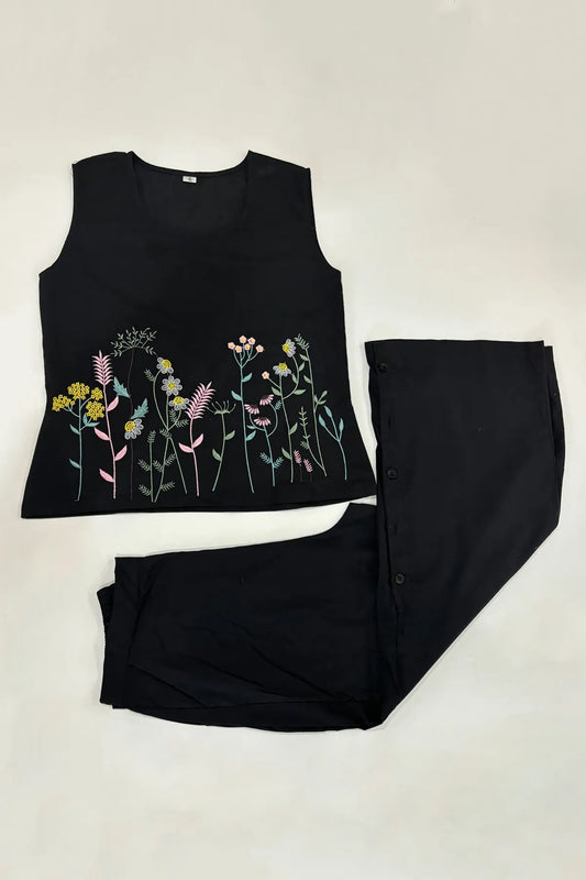 Black Embroidered Sleeveless Palazzo Co-ord Set