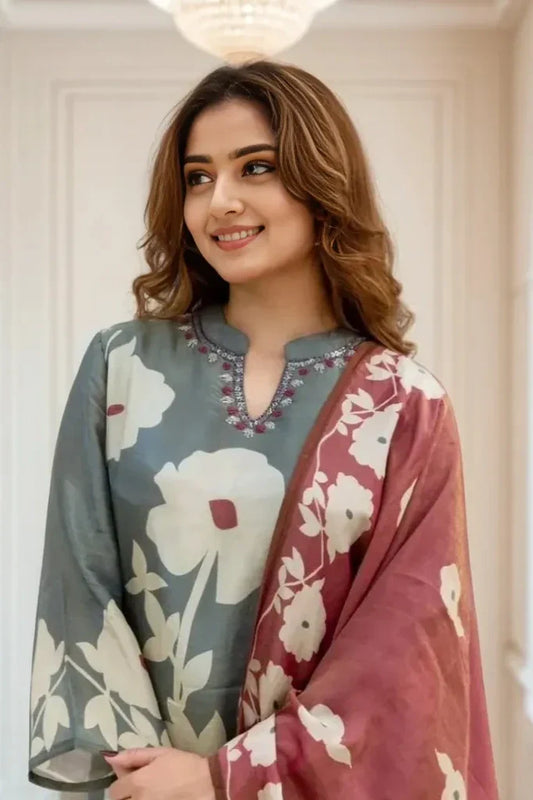 Grey Floral Straight Kurta Set