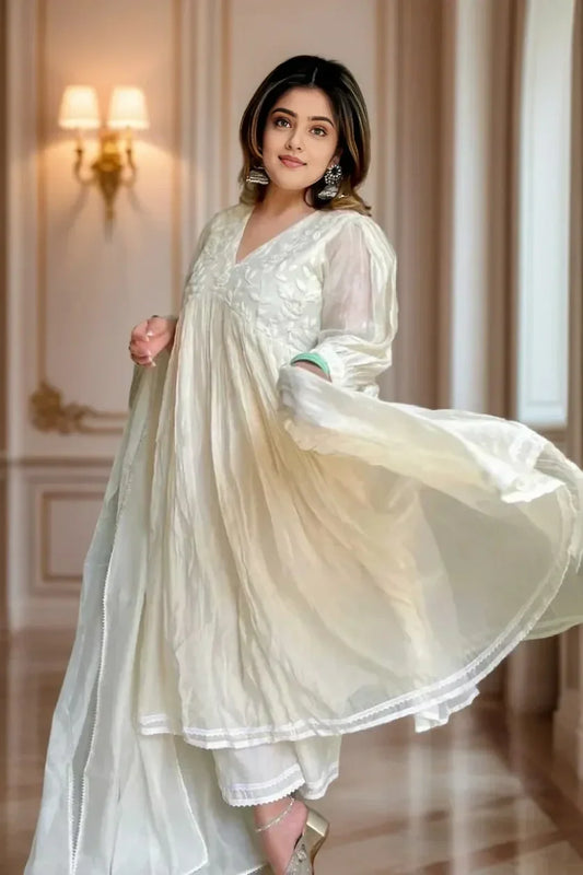 White Chanderi Silk Anarkali Kurta Set