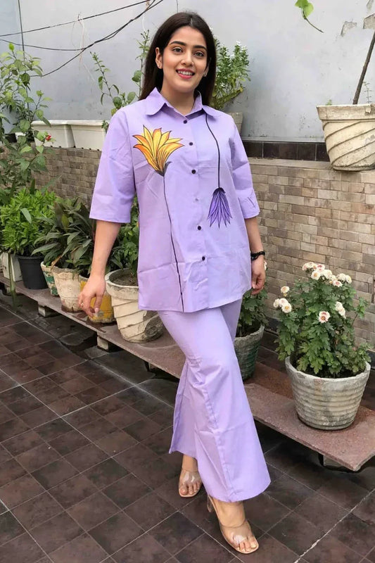 Purple Printed Collared Co-Ord Set