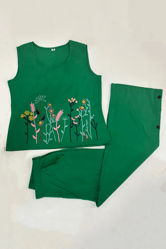 Green Embroidered Sleeveless Palazzo Co-ord Set