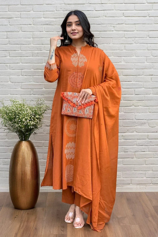 Orange Embroidered Kurta Set with Dupatta