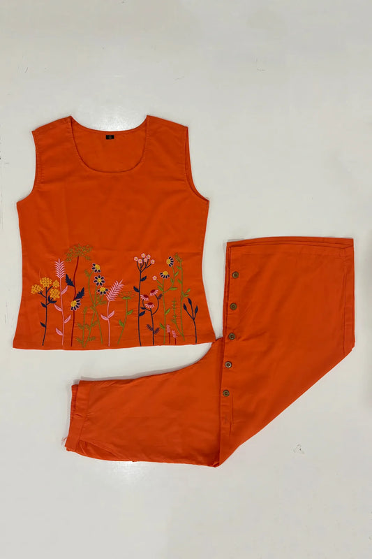 Orange Embroidered Sleeveless Palazzo Co-ord Set