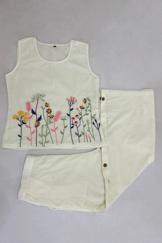 White Embroidered Sleeveless Palazzo Co-ord Set