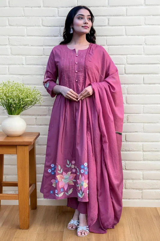 Magenta Pintex Embroidered Kurta Set with Dupatta
