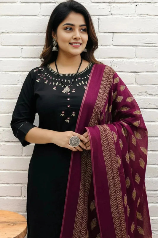 Black Straight Kurti with Printed Dupatta