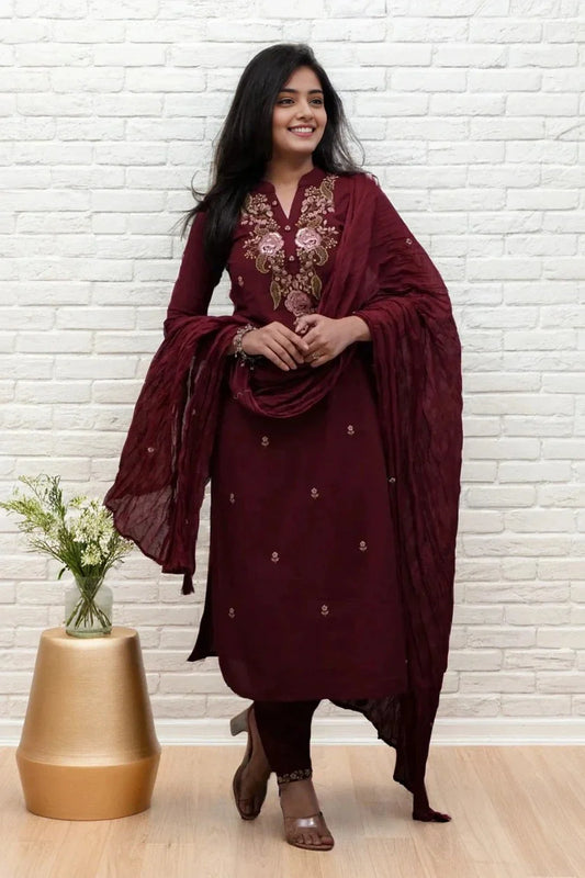 Maroon Floral Embroidered Kurta Set with Dupatta