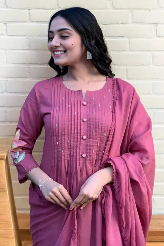 Magenta Pintex Embroidered Kurta Set with Dupatta
