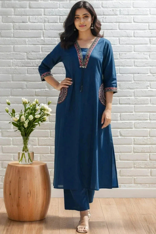 Navy Blue Embroidered Kurti with Pant