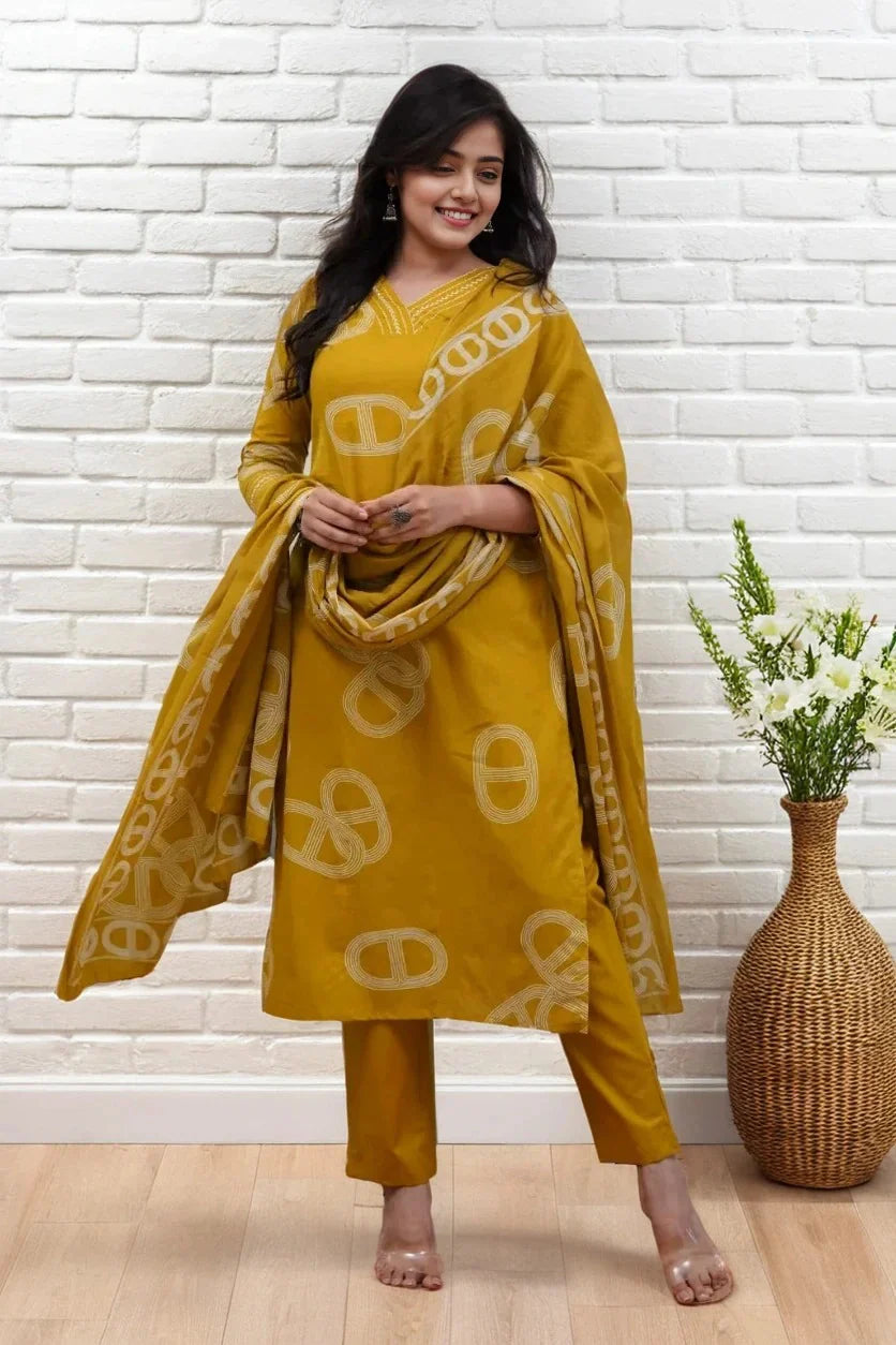 Mustard Printed Kurta Set with Printed Dupatta