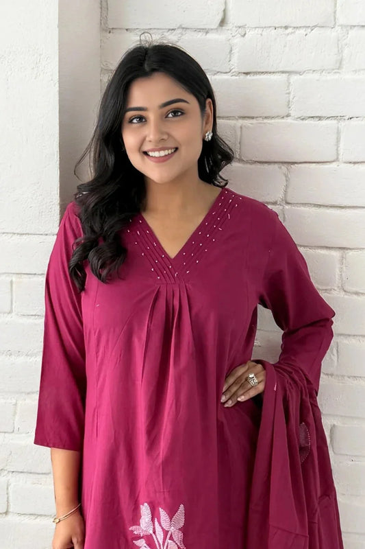 Magenta Floral Embroidered Kurta Set with Dupatta