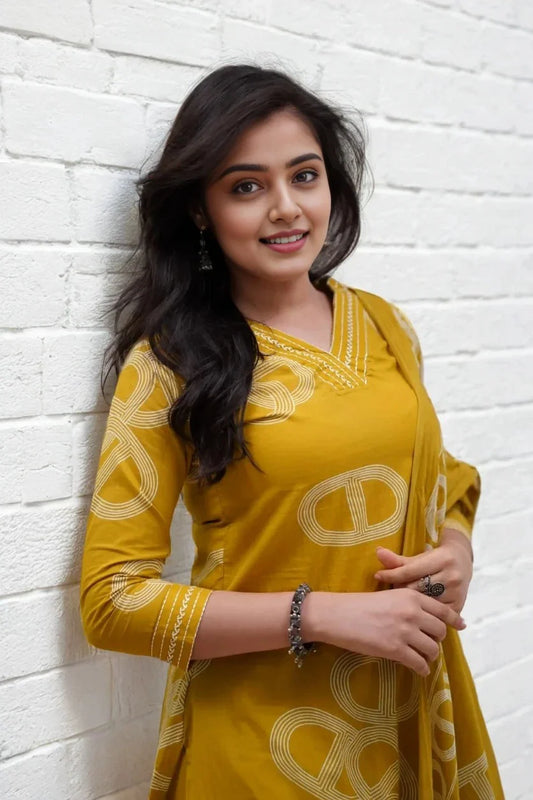 Mustard Printed Kurta Set with Printed Dupatta