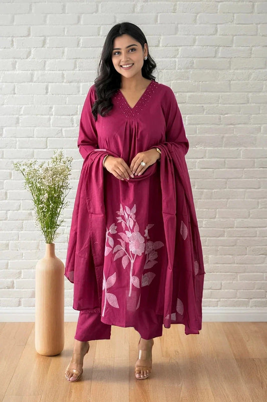 Magenta Floral Embroidered Kurta Set with Dupatta