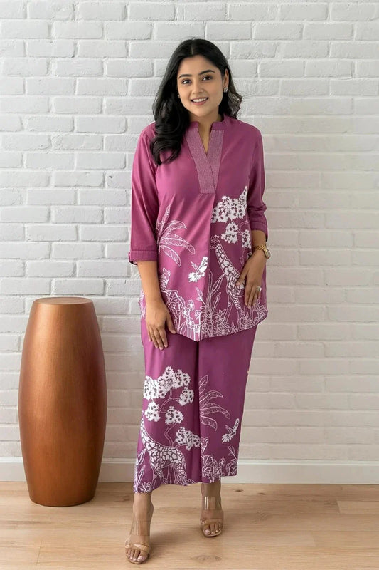 Purple Cotton Flex Co-ord Set With Palazzo