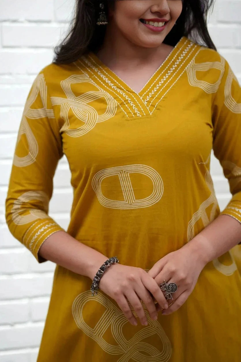 Mustard Printed Kurta Set with Printed Dupatta