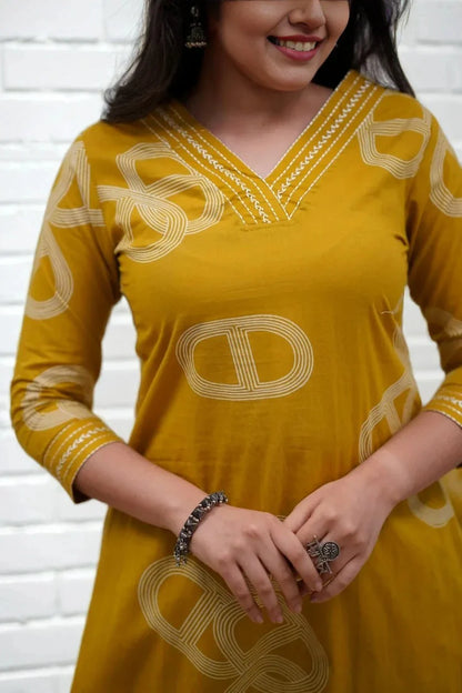 Mustard Printed Kurta Set with Printed Dupatta