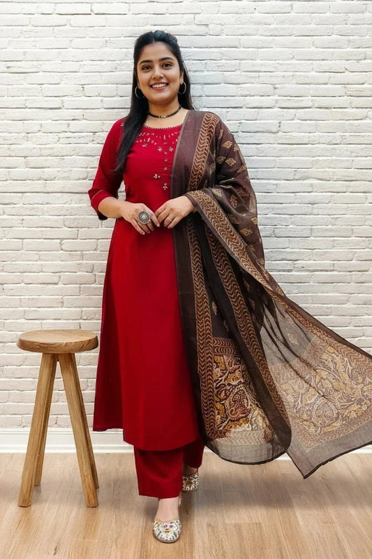 Red Straight Kurti with Printed Dupatta