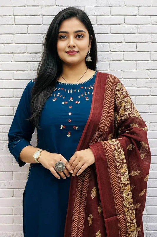 Navy Blue Straight Kurti with Printed Dupatta