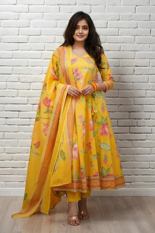 Floral Angrakha Kurta Set with Dupatta