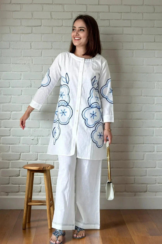 White Embroidered Shirt with Palazzo Co-Ord Set