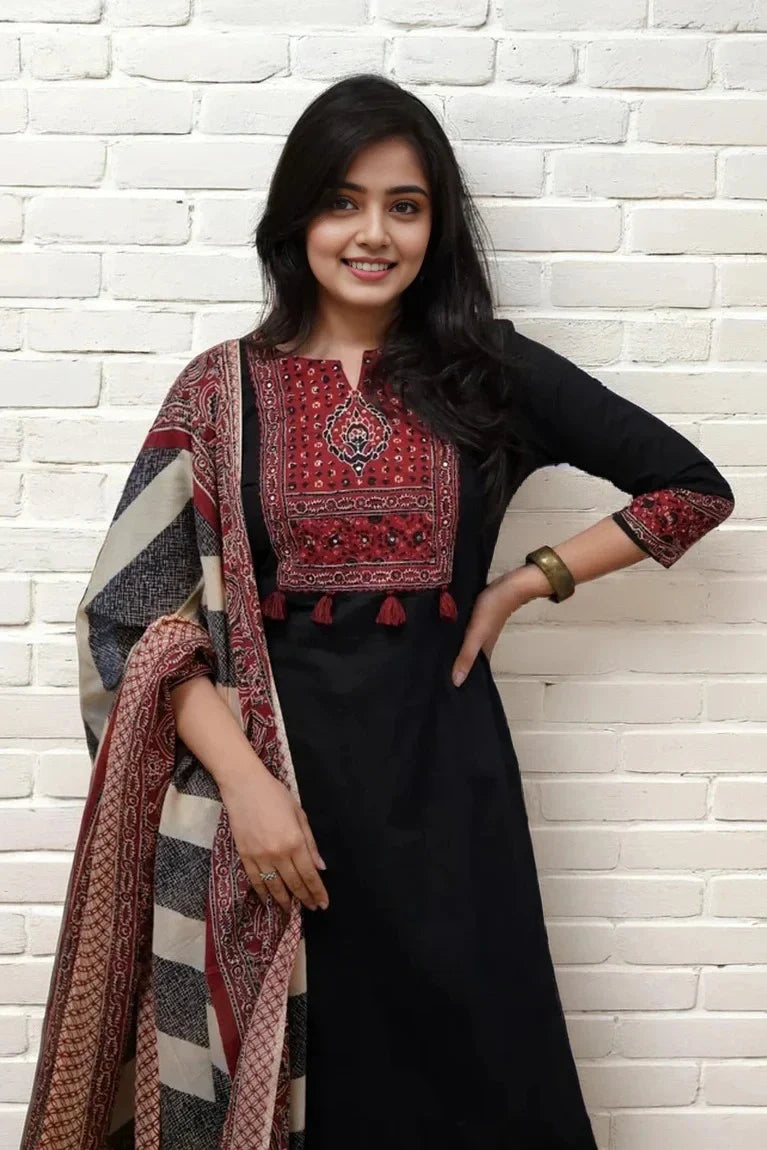 Black Ajrakh Print Kurta Set with Dupatta