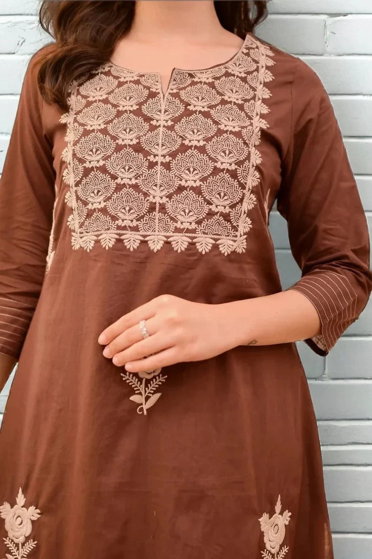 Brown Embroidered Cotton Kurti Set with Dupatta