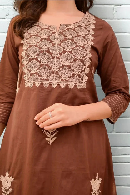 Brown Embroidered Cotton Kurti Set with Dupatta