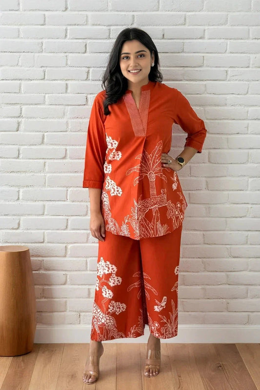 Orange Cotton Flex Co-ord Set With Palazzo