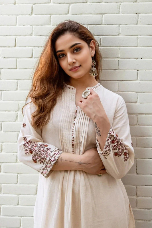 Ivory Embroidered Pleated Kurta with Pant