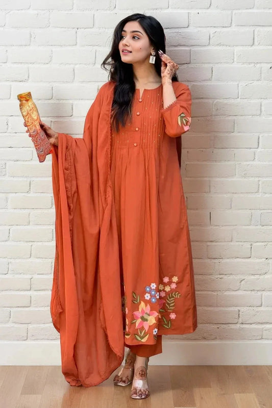 Orange Pintex Embroidered Kurta Set with Dupatta