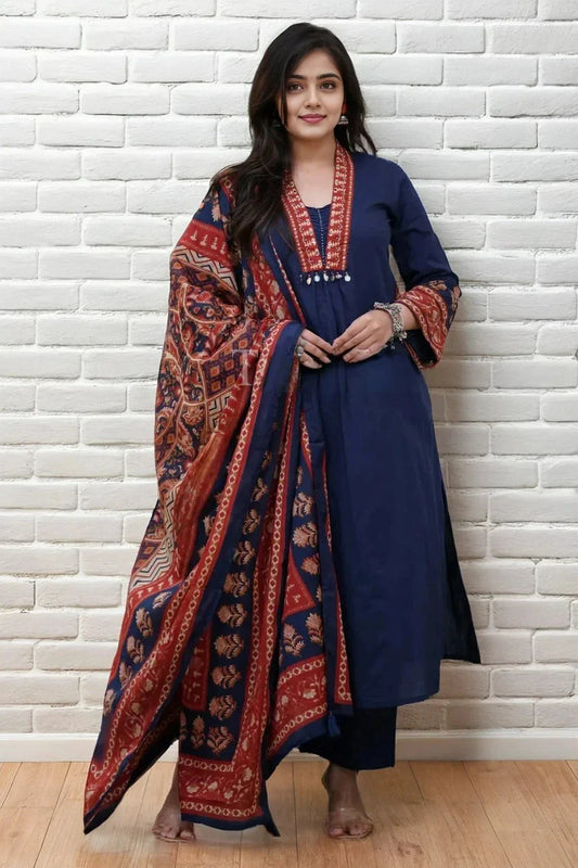 Navy Blue Hand Work Kurti Set with Printed Dupatta