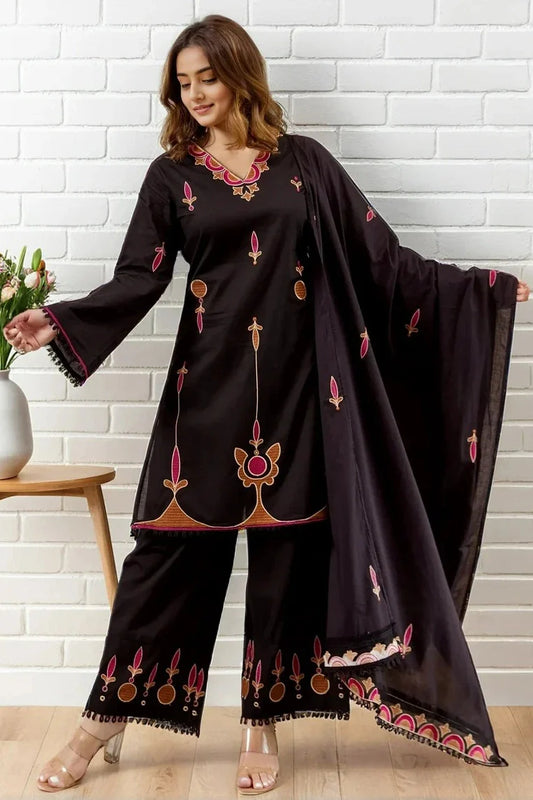 Black Embroidered Kurti with Palazzo & Dupatta