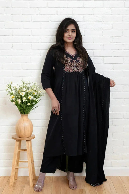 Black Cotton Embroidered Anarkali Kurta Set