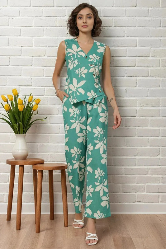 Spring Green Cotton Shirt Style Co-Ord Set