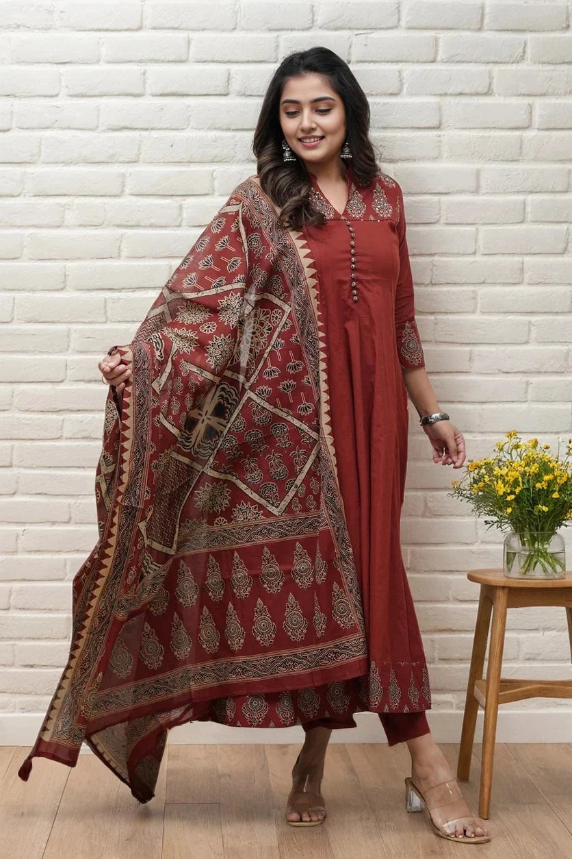Maroon Flared Kurta Set with Dupatta