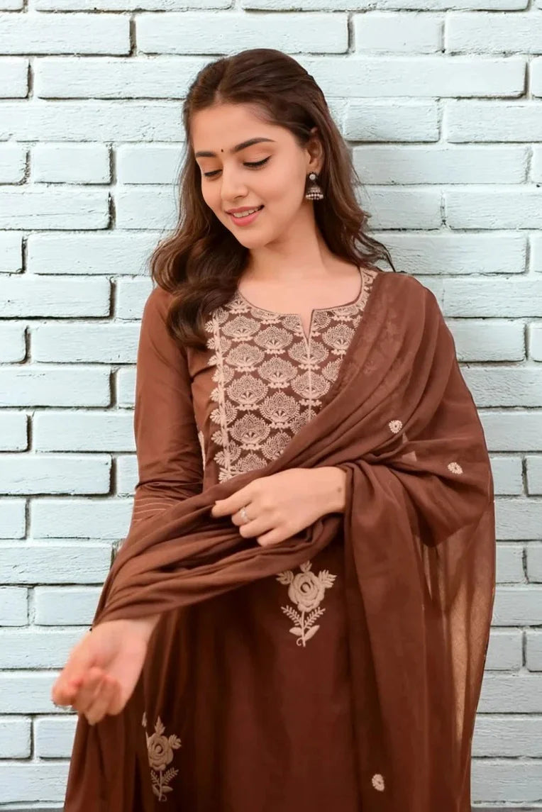 Brown Embroidered Cotton Kurti Set with Dupatta