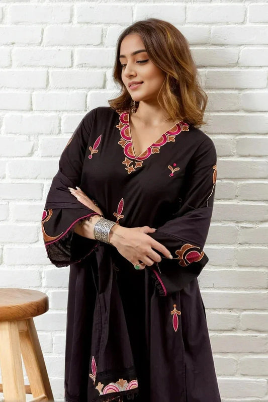 Black Embroidered Kurti with Palazzo & Dupatta