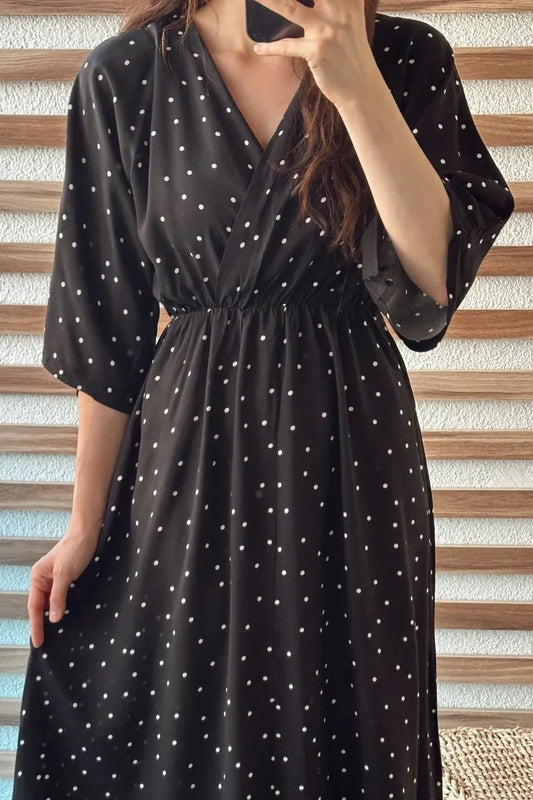 Black Double Breasted Polka Midi Dress