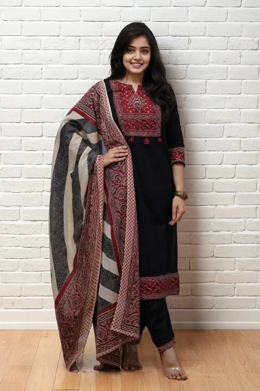 Black Ajrakh Print Kurta Set with Dupatta
