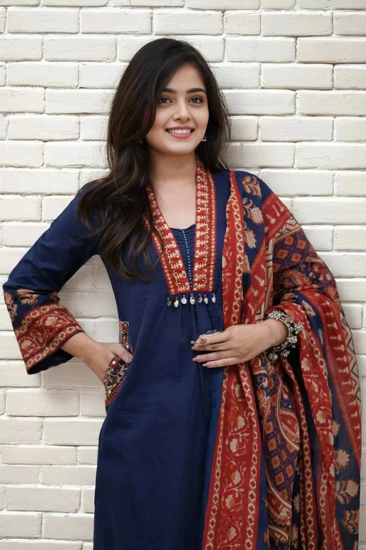 Navy Blue Hand Work Kurti Set with Printed Dupatta