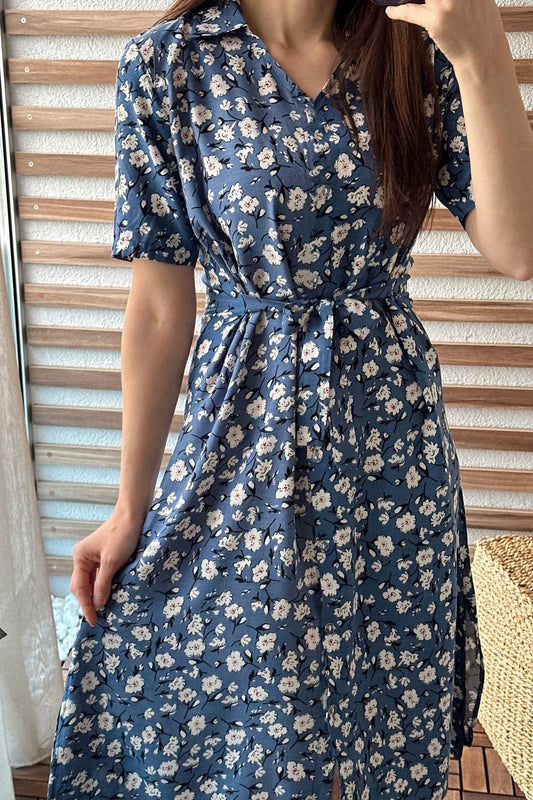 Blue Floral Collared Midi Dress