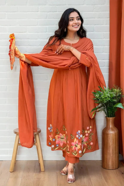 Orange Pintex Embroidered Kurta Set with Dupatta