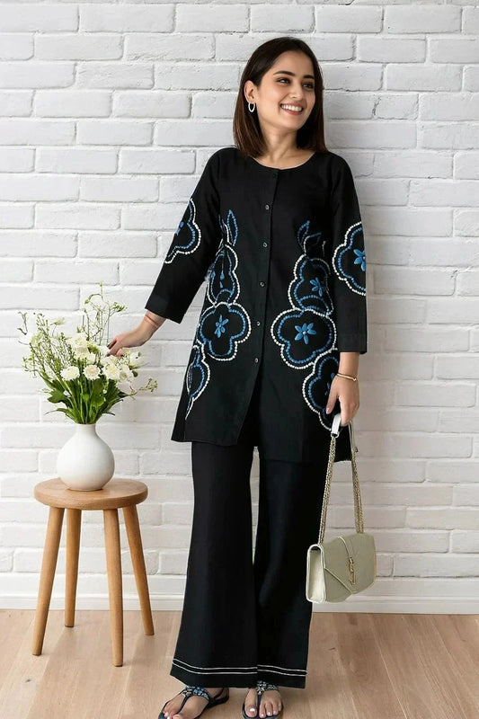 Black Embroidered Shirt with Palazzo Co-Ord Set