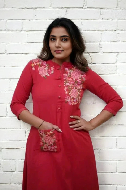 Red Floral Embroidered Cotton Kurta with Pant