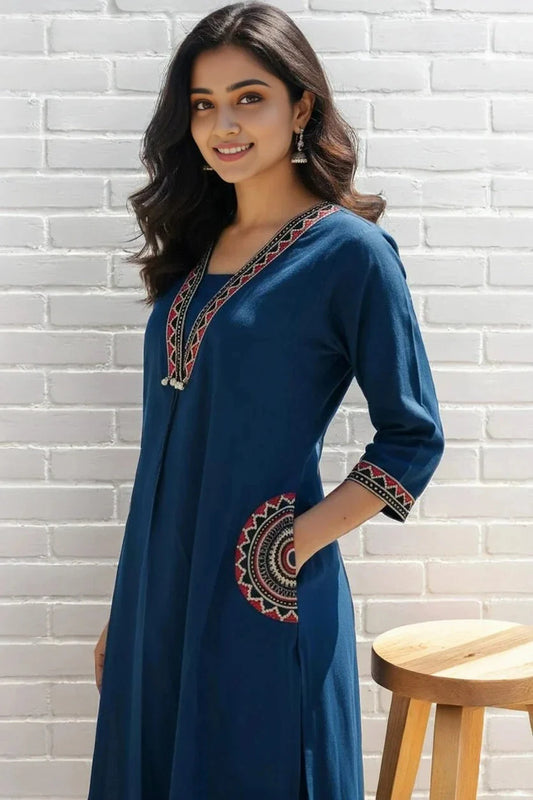 Navy Blue Embroidered Kurti with Pant