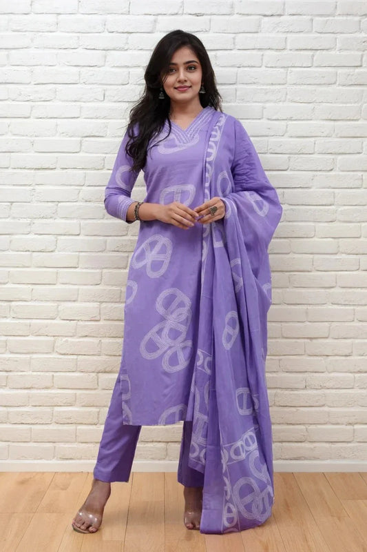 Purple Printed Kurta Set with Printed Dupatta