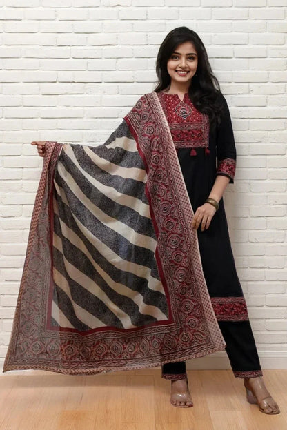 Black Ajrakh Print Kurta Set with Dupatta